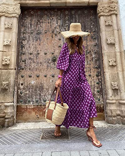 Image of miduo Womens Loose Fit Casual Summer V Neck Half Sleeve Bohemian Geometric Pattern Maxi Long Dresses