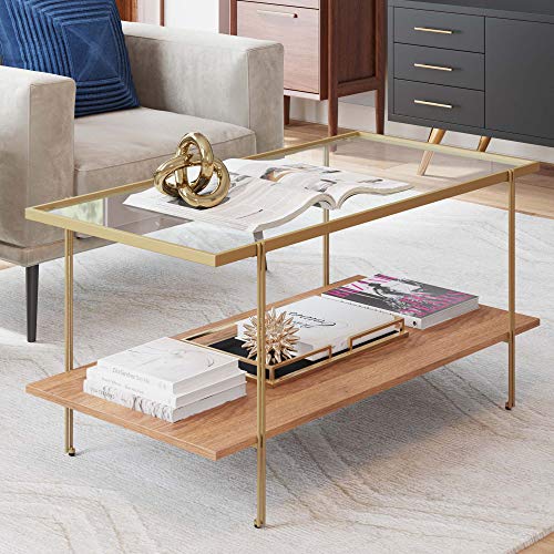 Nathan James Enloe Modern Storage, Free Standing Accent Cabinet, White/Gold & Asher Mid-Century Rectangle Coffee Table Glass Top And Wood Finish Storage Shelf With Metal Legs, Gold #TOP5