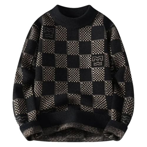Men Round Collar Checkered Knitted Sweater American Style Men's Tops Knitted Slimming Sweater