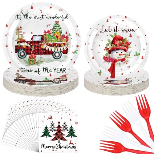 Umigy 96 Pcs Christmas Paper Plates and Napkins Set Let Is Snow Snowman Disposable Paper Plates Napkins Forks White Round Disposable Dinner Tableware for Xmas Party Supplies Table Decor, Serve 24
