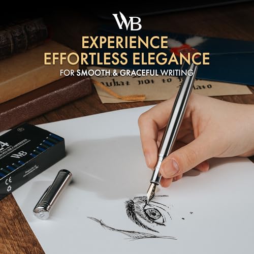 Image of Wordsworth & Black Fountain Pen Set for Writing,Extra Fine Nib, Silver | Gift for Men & Women, Brass Body, 18K German Iridium, Calligraphy, Converter + 24 Ink Cartridges, Refillable, Leak-Free