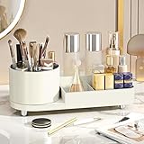 Lacusmall 360° Drehbar Make up Organisator, 2-in-1 Kosmetischer Organizer,Multifunktionale Kosmetikaufbewahrung für Frisiertisch, Bad und Schlafzimmer(Creme)