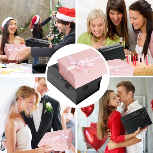 Geschenkbox mit Deckel, Geschenkbox Geburtstag, Rechteckige Geschenkverpackung Geburtstag mit Schleife, Geschenkkarton mit Deckel Raffia und Grußkarten, für Hochzeiten Jahrestage (Rosa)