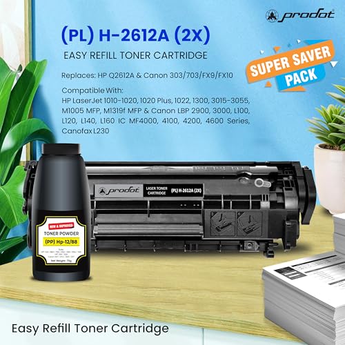 Image of ProDot 12A Toner Cartridge & Powder Set Replaces HP Q2612A Canon 303 /703 /FX-9 /FX-10 Compatible with HP 1010-1020 /1315-3030 Canon LBP2900 /3000 /L100 I 1500 Page Yield I 1 Yr Warranty (1 Set)