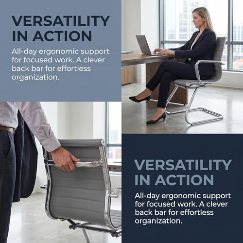 Image of HNY Leather Office Guest & Reception Chairs Set of 2, Modern Waiting Room Chairs with Arms, Desk Chair no Wheels with Sled Base for Conference Room, Grey