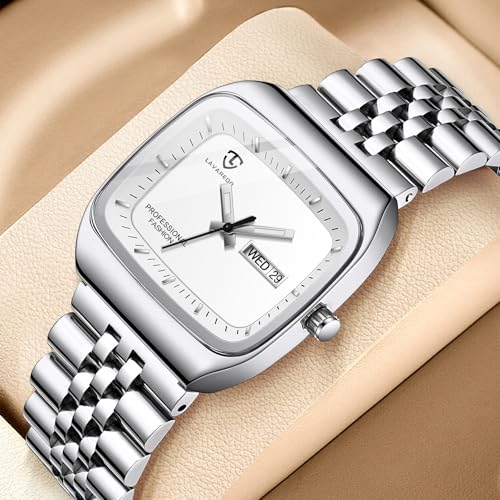 Image of Mens Watch, Luxury Casual Watches for Men, Waterproof Analog Quartz Watch - Men's Stainless Steel Watch with Stylish Rectangular Dial, Luminous Hands, Date & Day Display - Great Gift for Men
