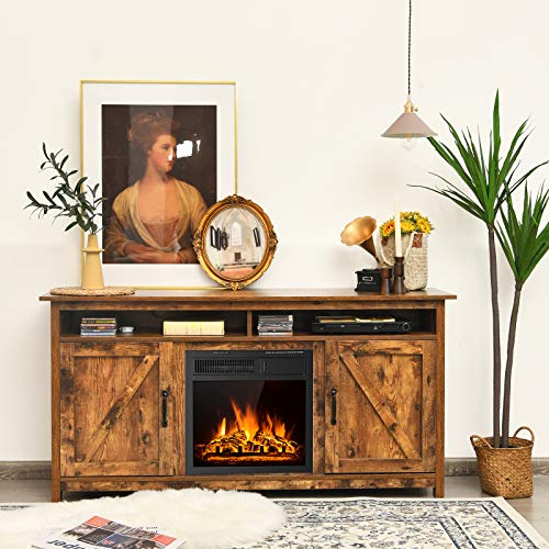 Tangkula Industrial Fireplace Tv Stand For Tvs Up To 65 Inches, Entertainment Center W/ 1500W Fireplace, Fireplace Media Console Table, Electric Heater W/ Adjustable Brightness & Remote (Brown) #TOP2