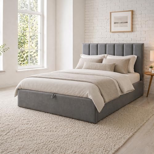 SANA SLEEP 4FT Small Double Size Cotton Ottoman Gas Lift Fabric Storage Bed - Upholstered Small Double Bed with Mattress - Foot Lift Up Ottoman Bed - Grey Linen