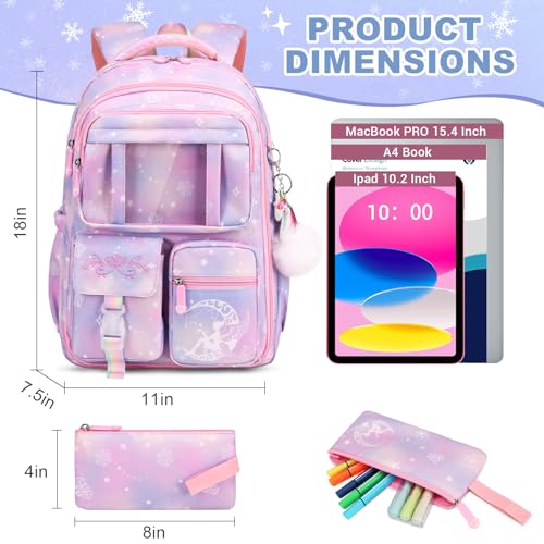 Girls Backpack Set, Kids School Backpacks for Girls with Lunch Bag & Pencil Case, Cute Bookbag School Bag for Kindergarten Preschool Elementary School, Purple2