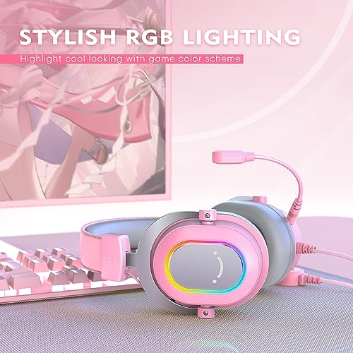 Image of FIFINE PC Gaming Headset, USB Wired Headset with Microphone, 7.1 Surround Sound, in-Line Control, Computer RGB Over-Ear Headphones for PS4 /PS5, for Streaming /Game Voice /Video-AmpliGame H6 (Pink)