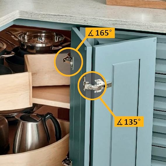 ANGSTROM 2-Pack Lazy Susan Cabinet Hinges, Full Overlay Concealed European Style for Outer Corner Door, 3D Adjustable Clip-On (135-Degree)