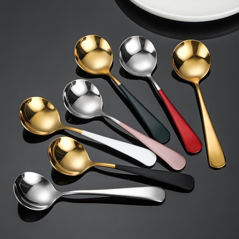 Silverware Flatware Set, 1/4/6/8/10/12 Pieces 304 Stainless Steel Spoons Household Round Spoon Thickened Spoon Dessert Ice Cream Spoon (Color : Red Silver, Size : 10Pcs)