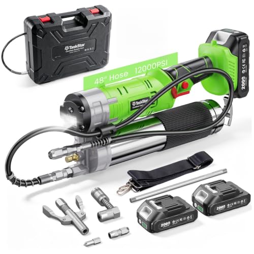 TaskStar 12000 PSI Engrasadora Batería: Kit de engrasadora 2 en 1 con 2 baterías, Manguera de 122 cm, acoplador de liberación rápida, Adaptador de 90°, luz LED, Ideal para Uso Industrial y agrícola