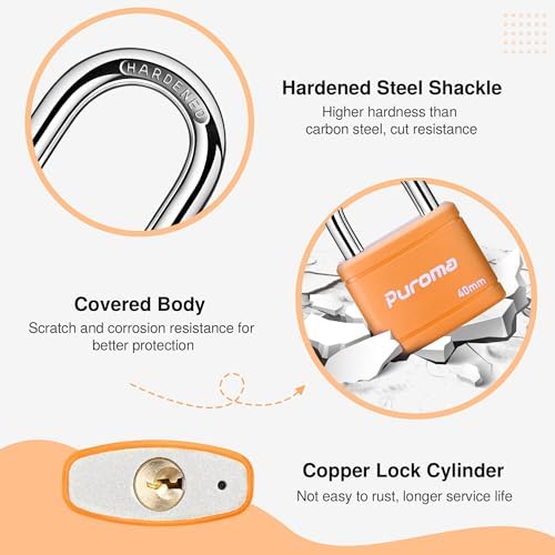 Puroma 1 Keyed Padlock with 2 Keys 7/8" School Locker Lock Gate 40mm Orange — view 5