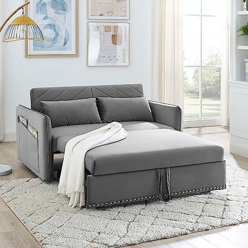Antetek Sleeper Sofa Bed, Modern 3-in-1 Convertible Upholstered Velvet Loveseat Sofa w/Pull Out Bed, 55-inch Small Futon Couch with Adjustable Backrest USB Port for Living Room Small Space, Grey