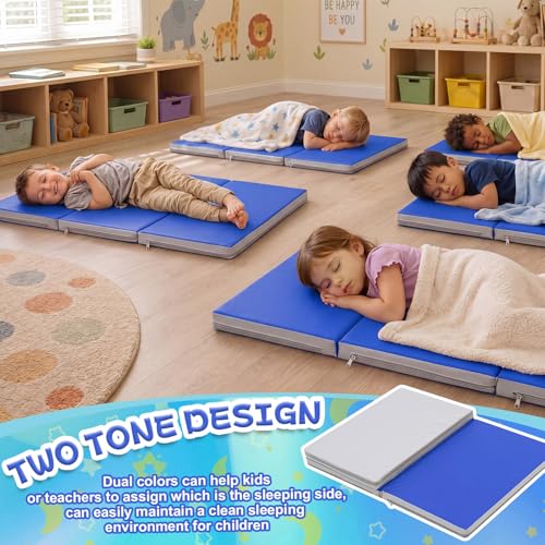 Image of Wesiti 5 Pcs Folding Kids Nap Mats for Preschool Daycare, 3 Section Folding Rest Mats Sleeping for Kids Toddler Nap 1 Inch Thick, Kindergarten School Classroom Supplies (Blue,Gray)