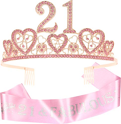 21st Birthday Pink Tiara for Women, 21st Birthday Sash and Crown, 21st Sash Birthday Girl, Birthday Gifts for 21 year old Girls, 21st Birthday Party Supplies,21st Birthday Sash,21 Tiara,21 Crown