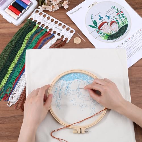 Image of GORGECRAFT 1 Set Canvas Tote Bag Embroidery Kit Cross Stitch Bag Cloth Sewing Mushroom Pattern with Instructions Embroidery Bag Needle Embroidery Hoops Colorful Threads for DIY Bag Crafts