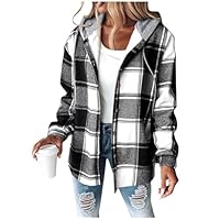 Womens Plaid Jacket Long Sleeve Fleece Casual Hooded Jackets Fall Winter Warm Button Coat Fashion Fuzzy Lined Outwear