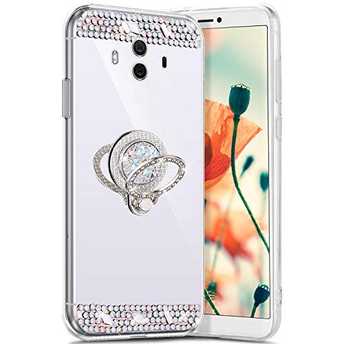 Robinsoni Case Compatible with Huawei Mate 10 Phone Cover Flexible Huawei Mate 10 Case Sparkle Silicone Case TPU Diamond Edge Bling Case 360 Degree Rotation Ring Cover Thin Bumper Case Silver