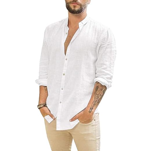 AUMELR Camisas de lino para hombre, estilo casual, con botones, de algodón, para verano, playa, abuelo, blanco, 3XL