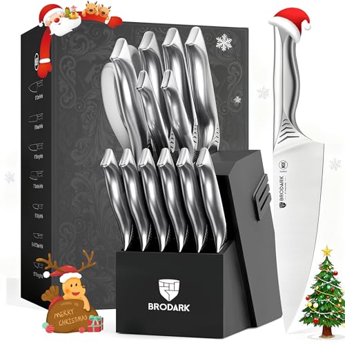 BRODARK Kitchen Knife Set with Block – 15-Piece Knife Block Set with Built-in Sharpener – High Carbon Stainless Steel Kitchen Knives Set for Kitchen – Christmas Gift, Shark Series