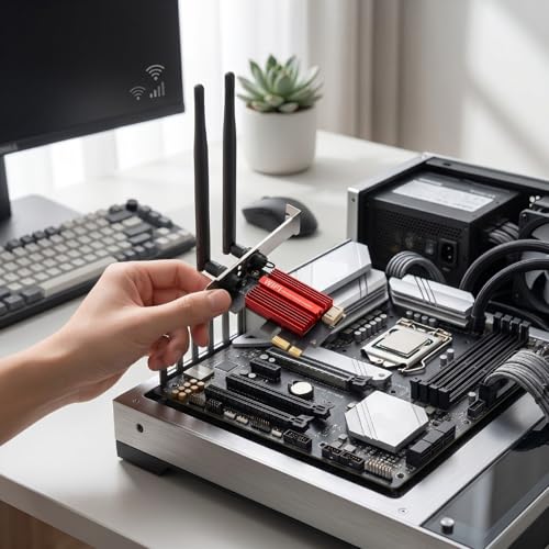 Bewinner WiFi 6E PCIe Tarjeta de Red Inalámbrica, Bluetooth 5.2, Dual Band 1800Mbps, Chip MT7921, para Computadora de Escritorio, con Antenas de 8dBi miniatura 3
