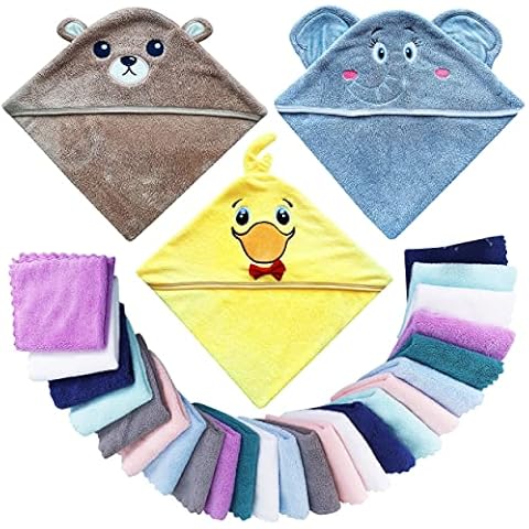Lovely Care 3 Pack Baby Hooded Bath Towel with 24 Count Washcloth Sets for Newborns Infants & Toddlers, Boys & Girls - Baby Registry Search Essentials Item - Bear, Elephant, Duck Cover