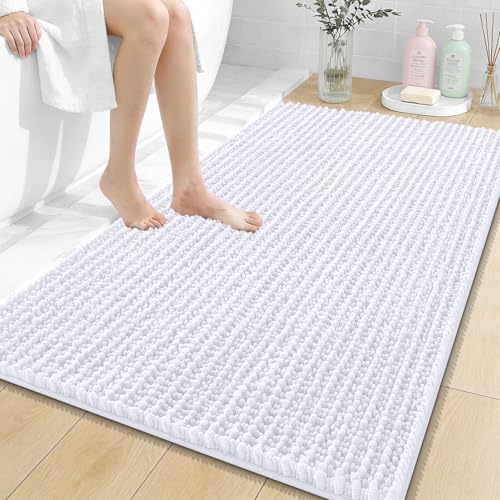 Image of OLANLY Bathroom Rug Mat 44x32, Thick Soft and Absorbent Chenille Bath Mat, Non-Slip Rubber Backing, Machine Washable Quick Dry Bath Rugs for Tub Shower Floor, Home Decor Accessories, White