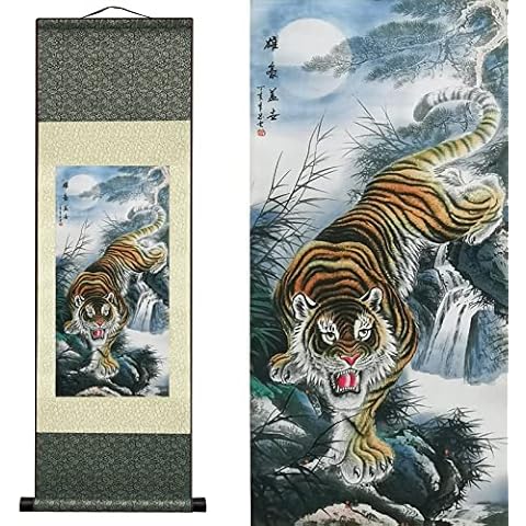 Valart Silk Scroll Painting Asian Wall Decor Animal - Deterrence Tiger - Tiger Majesty Domineering Beautiful Chinese Art Wall Scroll Hanging Painting Scroll Oriental Decor(39 x 12 in) Cover