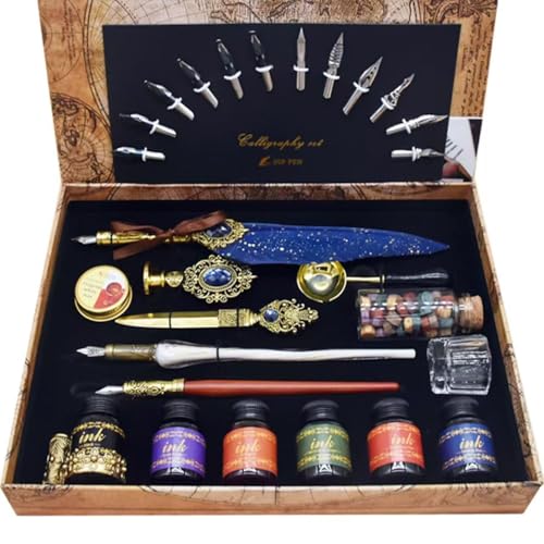 ASXMA Vintage Calligraphy Set with Dip Pen, Decorative Blue Feather