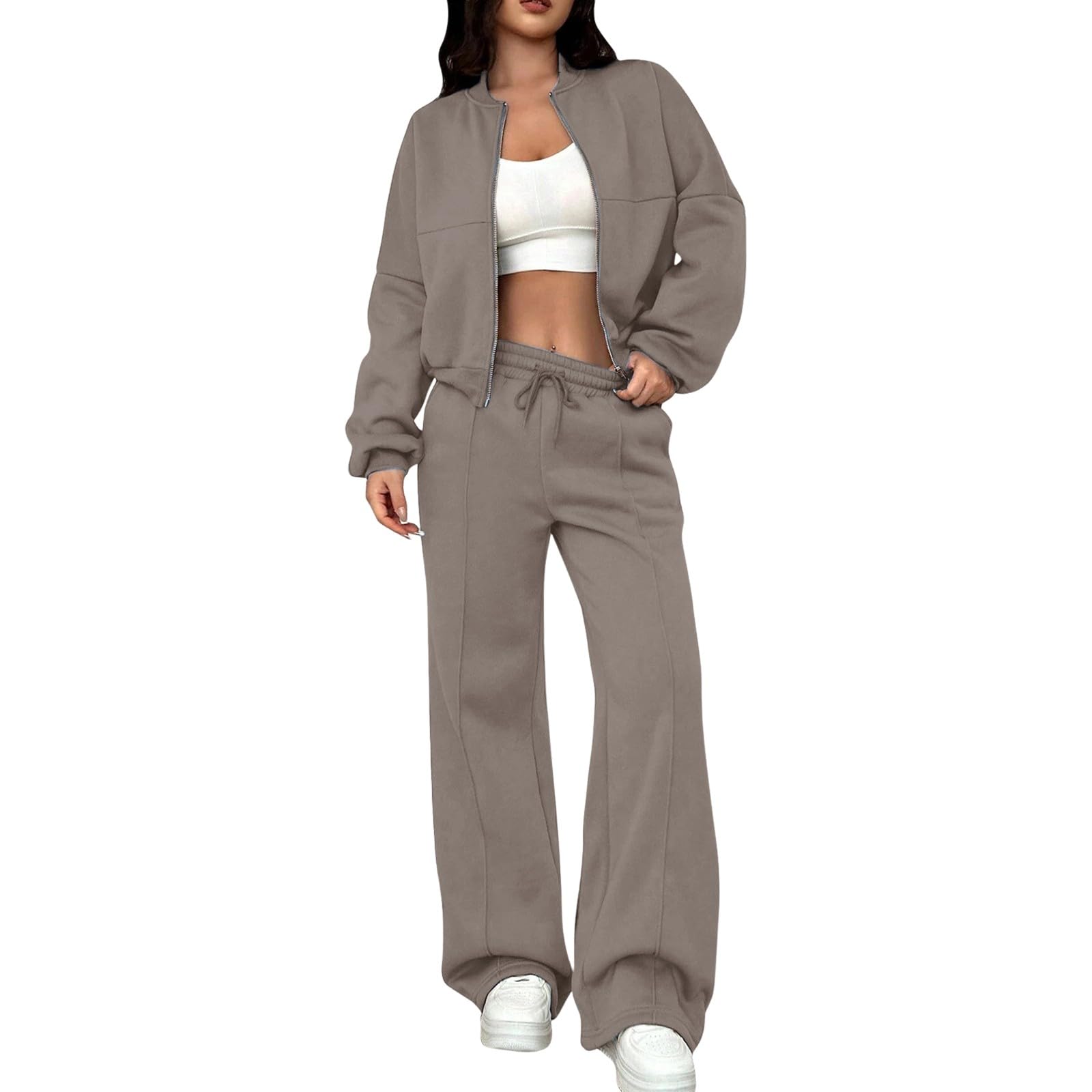 Generisch Tuta da donna in due pezzi, per autunno e inverno, con cappuccio e coulisse, in tinta unita, calda, elastica, comoda, per sport all'aria aperta, da corsa, da jogging, da jogging