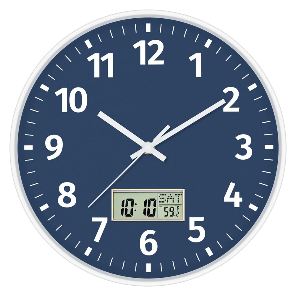 CTRLZS Digital Wall Clock with Time, Day of Week and Temperature, Silent Non-Ticking Battery Operated Round Digital Wall Clock