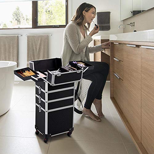 Yaheetech 4 in 1 Aluminum Rolling Makeup Train Case Cosmetic Trolley Professional Artist Train Case Organizer Box Makeup Travel Case, with 4 Detachable Removable Wheels, Black