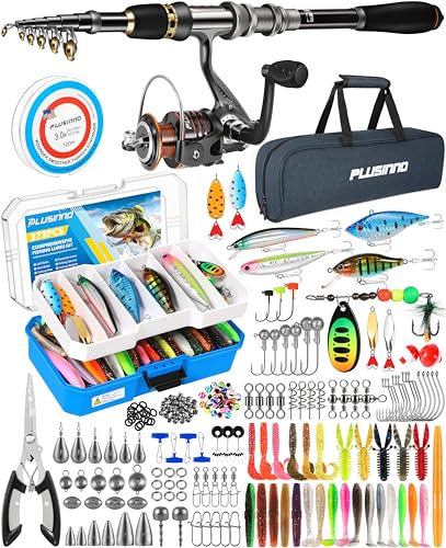 PLUSINNO Telescopic Fishing Rod and Reel Combo with 373PCS Tackle Box, Collapsible Rod and Lures Box, Travel Fish Pole Starter Kit, Fishing Accessories Gear Tackle Lure Kit Gifts for Men Bass Trout