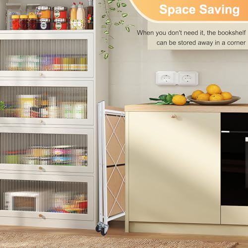 Image of 3 Tier Folding Shelf with Wheels, Metal Steel Collapsible Shelves | No Assembly, Portable Folding Storage Shelves, Rolling Standing Utility Rack for Kitchen, Office, Bedroom, Natural