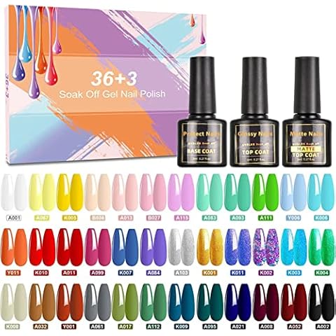 Gel Nail Polish, SHOWNAIL 39 Pcs Gel Nail Polish Set Soak Off Gel Nail Set with Glossy and Matte Gel Top Coat Base Coat, Popular Nude Neon Pastel White Black Glitter Gel Polish Set DIY Nail Collection Cover