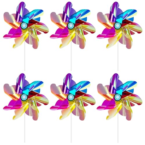 6 Pcs Rainbow Pinwheels, Colorful Reflective Bird Scarer Windmill, Lawn Garden DIY Windmill, Sparkly Wind Spinners for Outdoor Yard Garden Lawn Boys Girls Party Pinwheels Party Favor