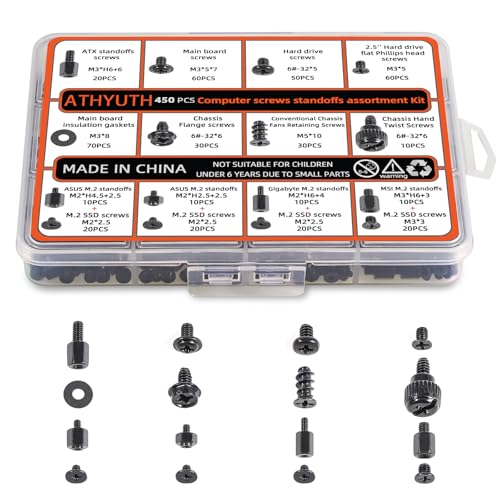 ATHYUTH 450-Piece Computer Screw Kit for PC Building and Repairing - Includes M.2 SSD Mounting Screws Motherboard Standoff Screw PC Case SSD HDD & Fan Screws | All-in-One Repair Kit