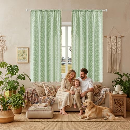 Image of Boho Curtains 63 Inch Long for Living Room, Bedroom, 2 Panels Floral Farmhouse Vintage Tassel Semi Sheer Light Filtering Privacy Window Curtain Drapes with Rod Pocket,Light Green