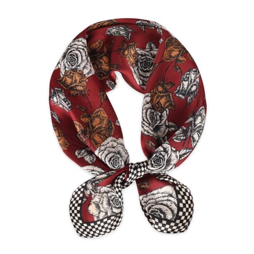 EXTREE Silk Feeling Scarf Medium Square Satin Head Scarf Sleeping Hair Wrapping for Women 27.5 × 27.5 inches Red Flower