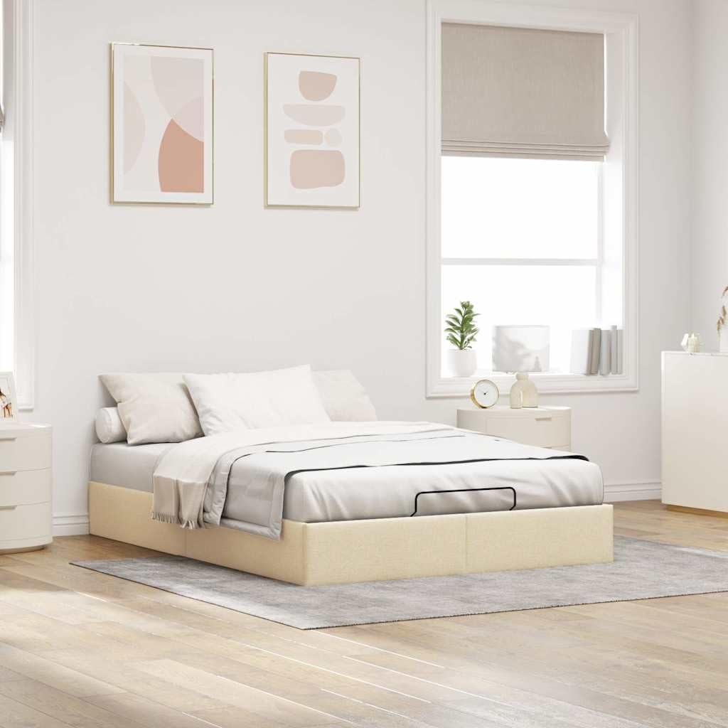 Letto ottomano in tessuto color crema, 140 x 190 cm, con vano portaoggetti e meccanismo di sollevamento idraulico, letto imbottito senza materasso, rete a doghe inclusa, portata fino a 140 kg