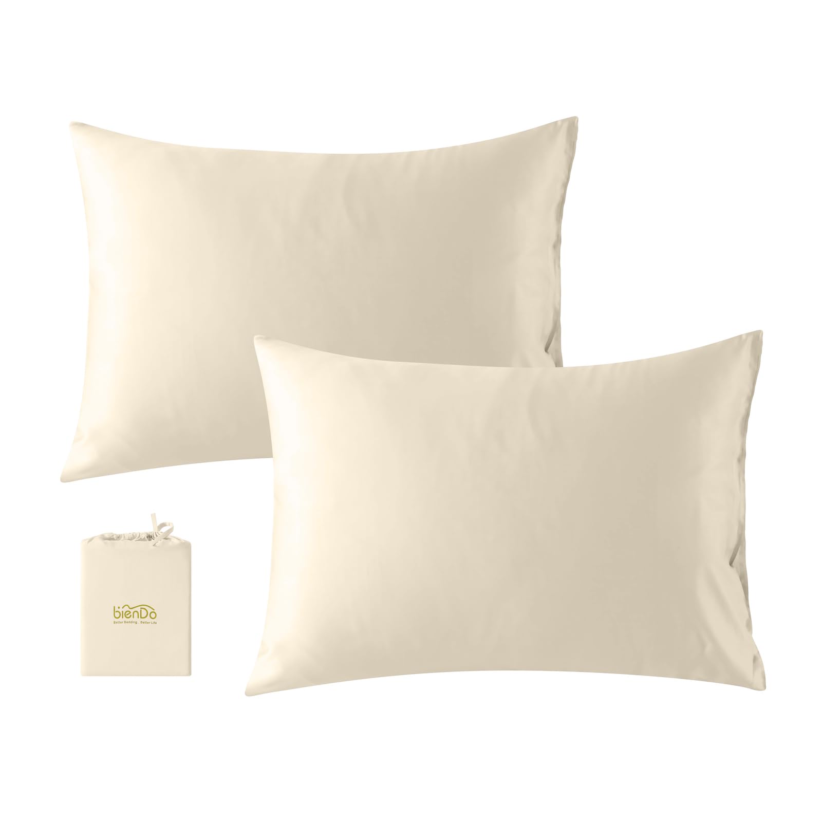 bienDo Pillowcases 2 Pack, Beige, Bamboo, Vegan Silk, Cooling, Anti-Acne, Hypoallergenic, Luxury-Standard UK Size (50x75cm)