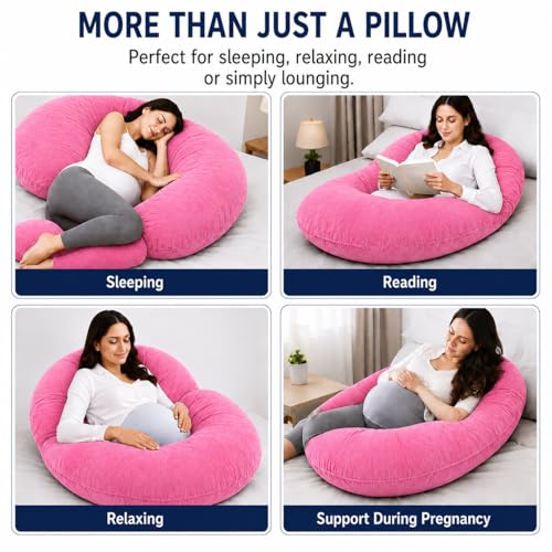 Image of Restify C-Shape Pregnancy Pillow for Women Sleeping | Full Body Maternity Pillow for Back, Hips, Legs & Belly Support | Removable & Washable Velvet Cover | Pink