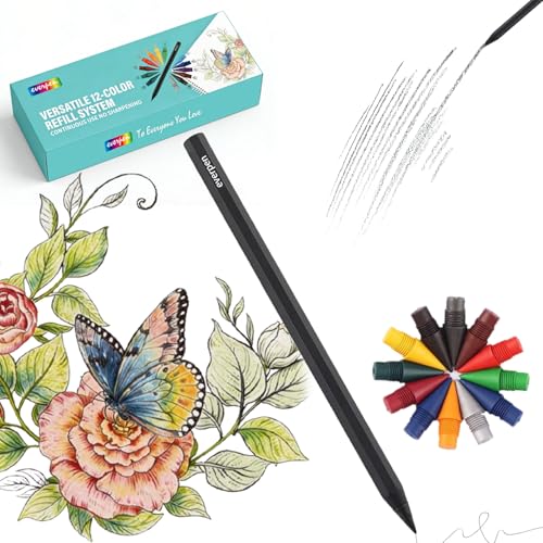 Forever Pencil Metal Alloy Writing Instrument with 12 Colored Refill Tips No Sharpening Required Pencils for Drawing Sketching and Writing Bonus Gift Storage Box(Black Includes Gift Box)