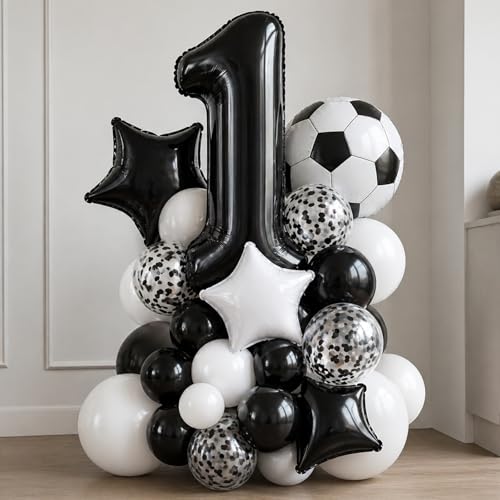 Image of Soccer Balloons, 12Inch Black White Soccer Printed Latex Balloons, 18 Inch Black and White Star Foil Balloon with Confetti Helium Balloon for Sport Football Theme Boy Men Birthday Party Decorations