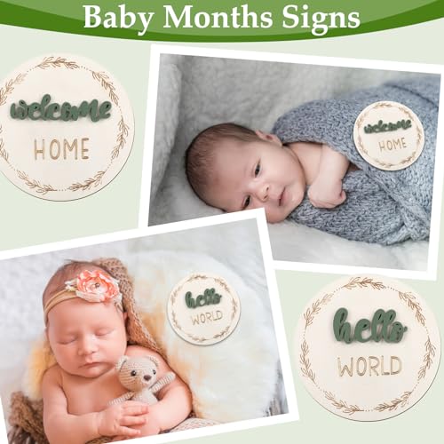Image of 7 Pack Baby Monthly Milestone Cards Sign, Double Sided Baby Milestone Signs Wooden Marker Discs for 1-12 Months Baby Milestone Pictures Baby Shower Gifts