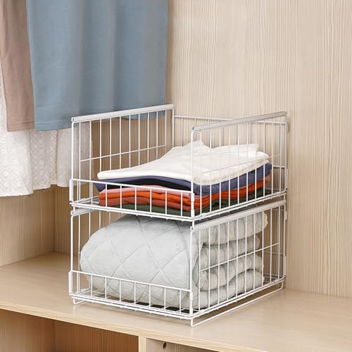 NATTY NING 【スライド引き出し式収納バスケット】折り畳み可能 大容量25.6L×2個組 自由積み重ね 鉄製 可視化デザイン 簡単組立 押入れ/クローゼット用 階層分類収納 省スペース ワンタッチ引き出し ホワイト (41×30.5×20.5cm)