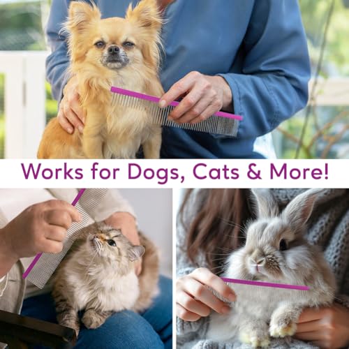 Image of Pet Comb 8 inches Comfortable Grooming Comb with Different-Spaced Rounded Stainless Steel Teeth, Easy Grip and Convenient Grooming for Pets Dog Cat with Medium Coarse Fur - Purple