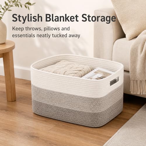 Image of Cotton Rope Laundry Basket Medium, 15.4GAL Collapsible Woven Storage Baskets for Living Room Kids Toys Stuffed Animal Boho Rectangular Decorative Short Hamper for Dirty Clothes Blankets Gradient Brown